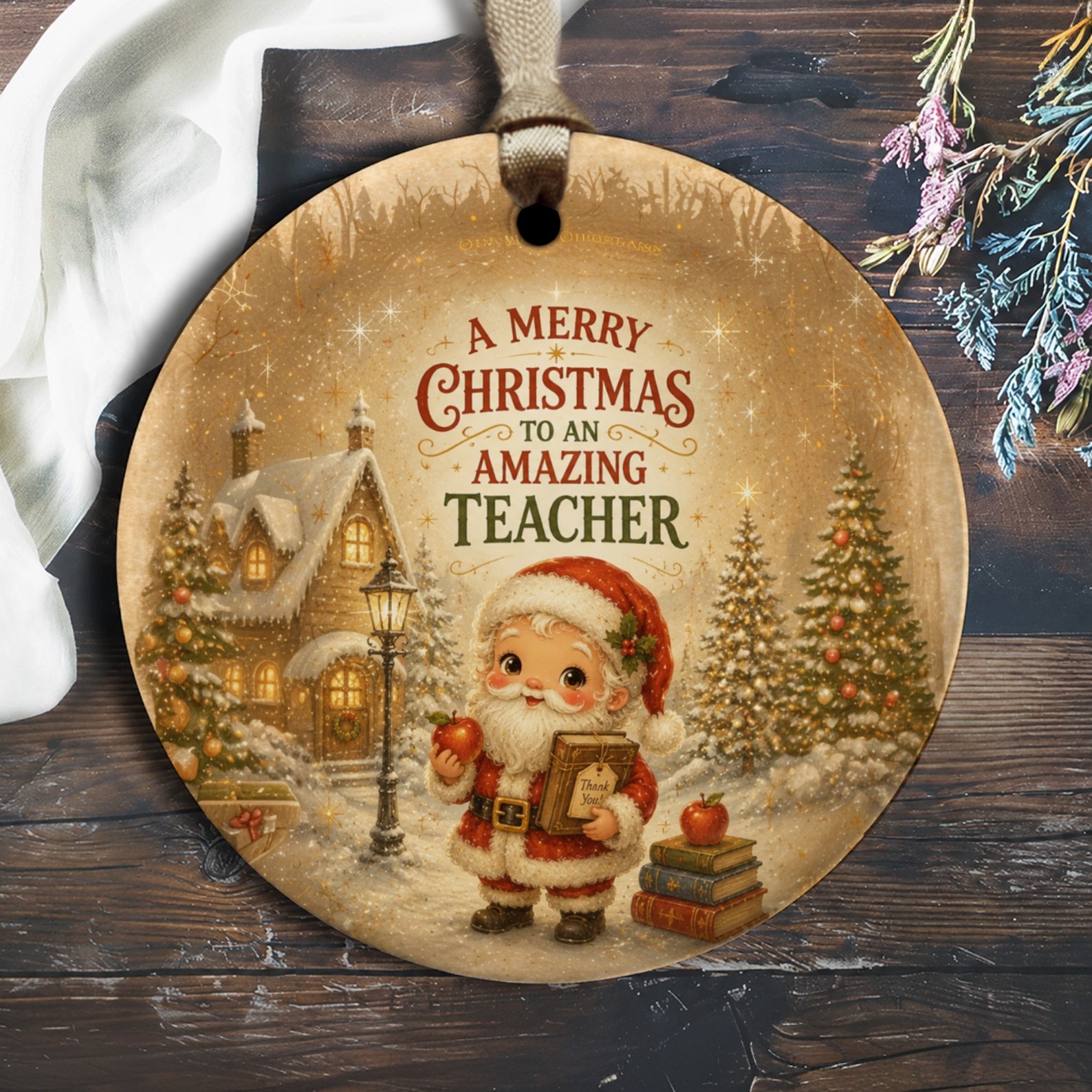 A Merry Christmas To An Amazing Teacher Ornament Santa With Apple And Book Christmas Gift For Teacher Holiday Decor O1347
