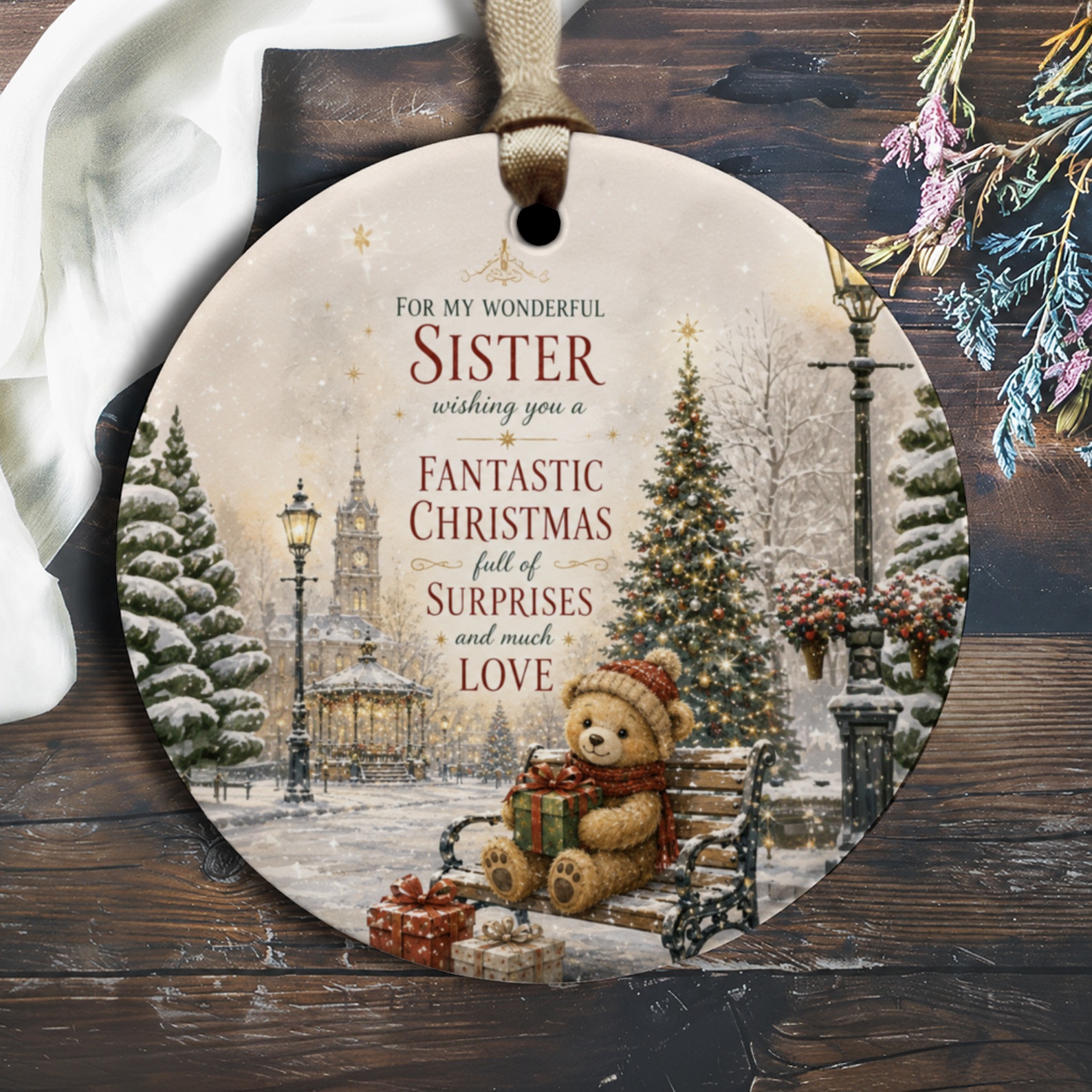 For My Wonderful Sister Wishing You A Fantastic Christmas Ornament Holiday Decor Gift For Sister Cute Teddy Bear Winter Scene O1348