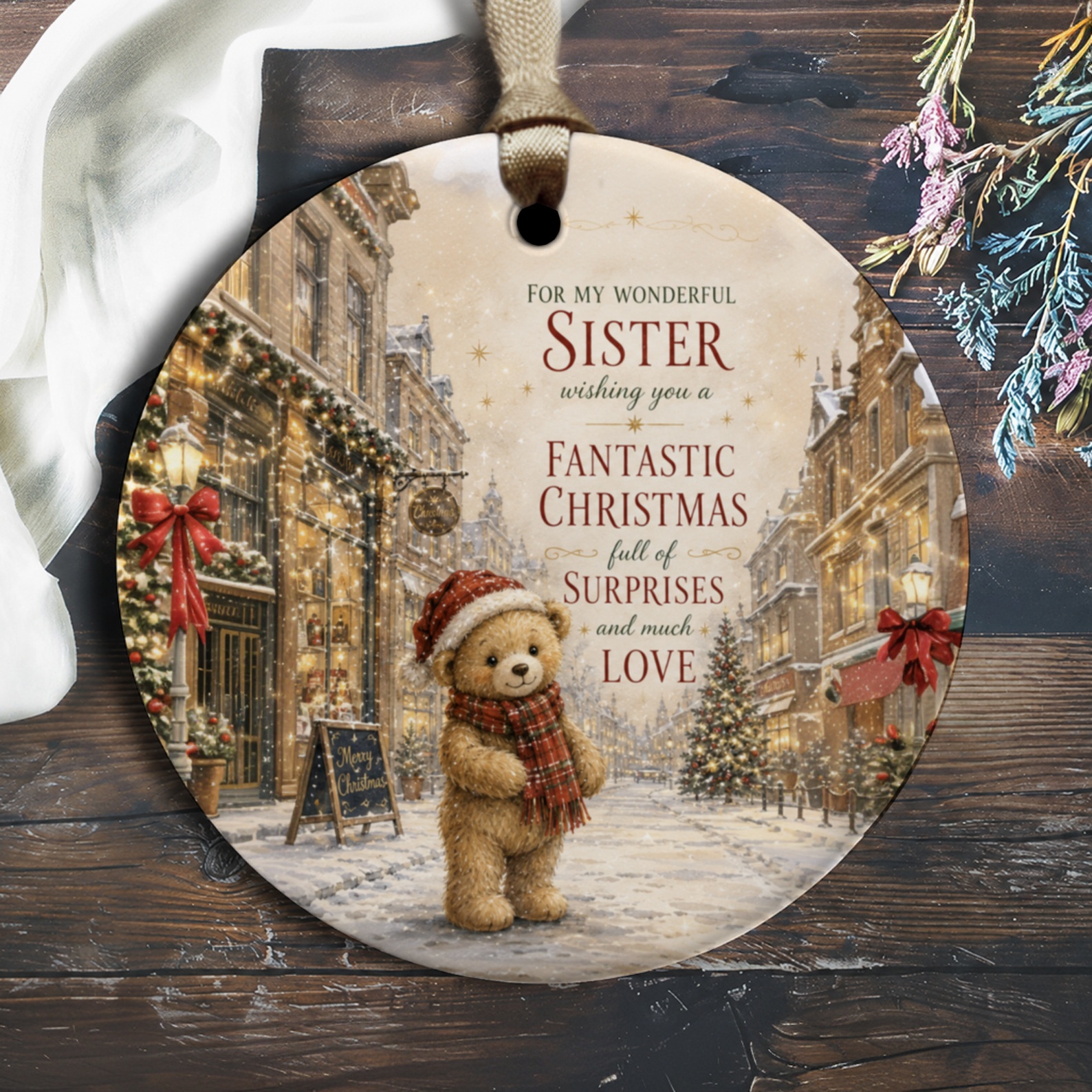 For My Wonderful Sister Wishing You A Fantastic Christmas Ornament Bear Winter Scene Holiday Gift For Sister Xmas Decoration O1349
