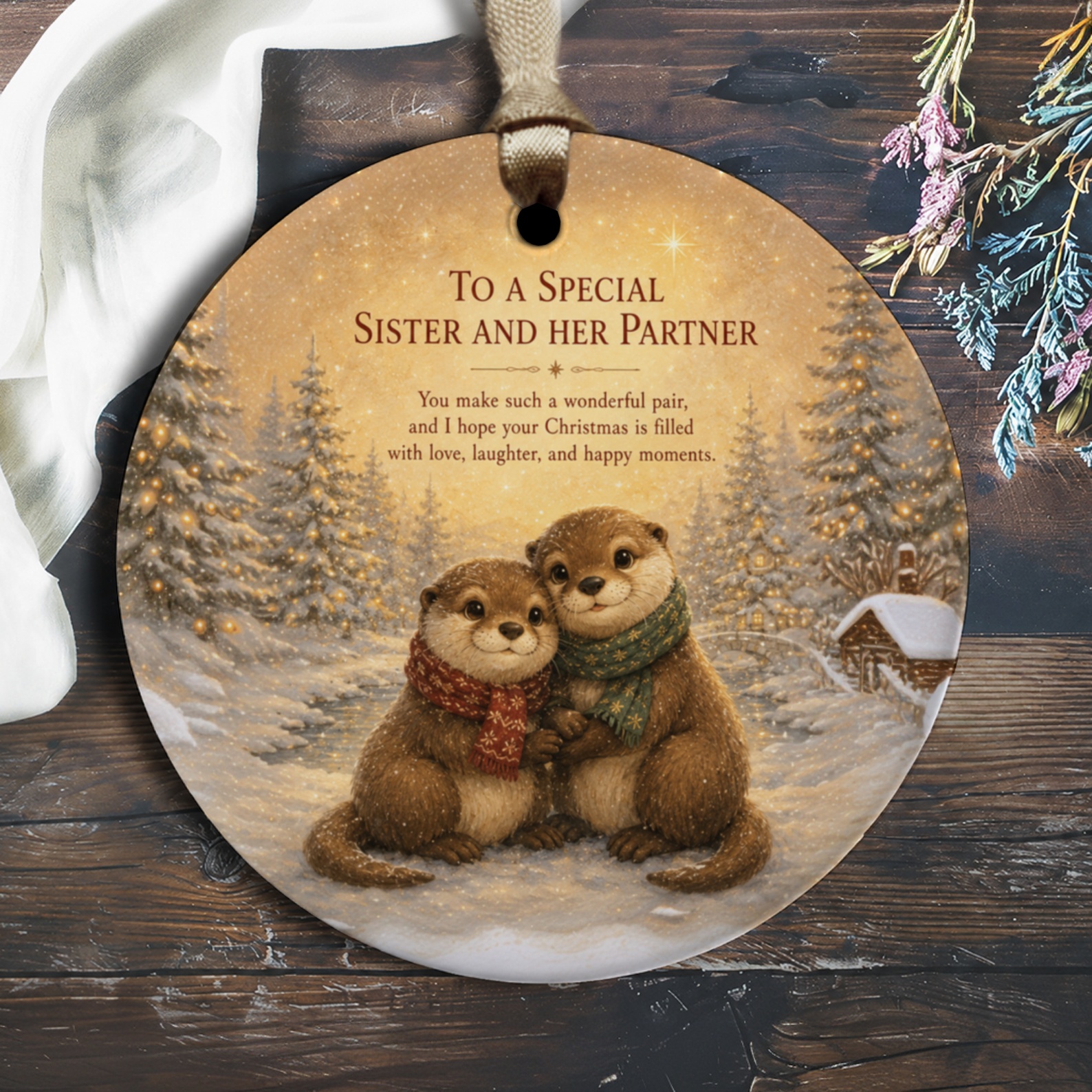 To A Special Sister And Her Partner Christmas Ornament Cute Otters Winter Scene Holiday Decoration Gift For Couple O1357