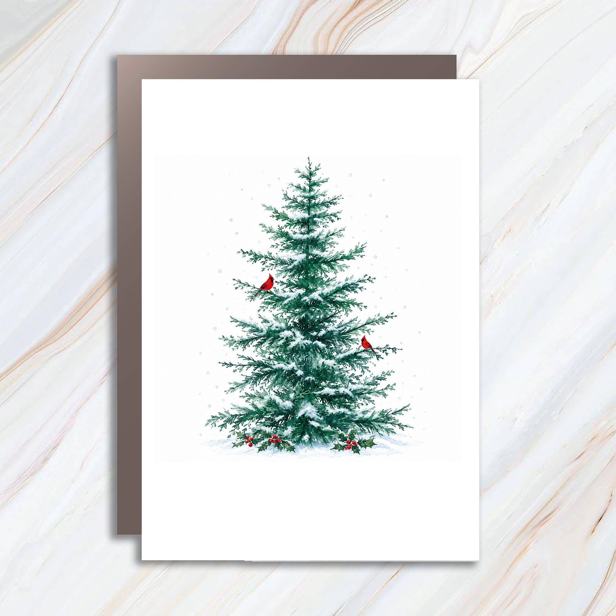 Christmas Tree With Cardinals Greeting Card Winter Holiday Card For Nature Lover Watercolor Christmas Card Snowy Scene C1197