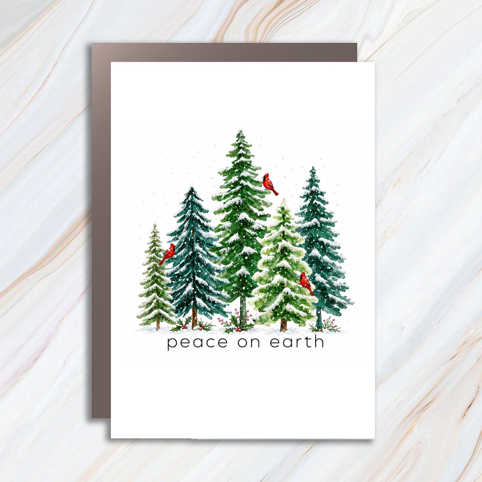 Peace On Earth Christmas Card Snowy Trees With Cardinals Holiday Greeting Card Winter Scene For Family Friends C1198