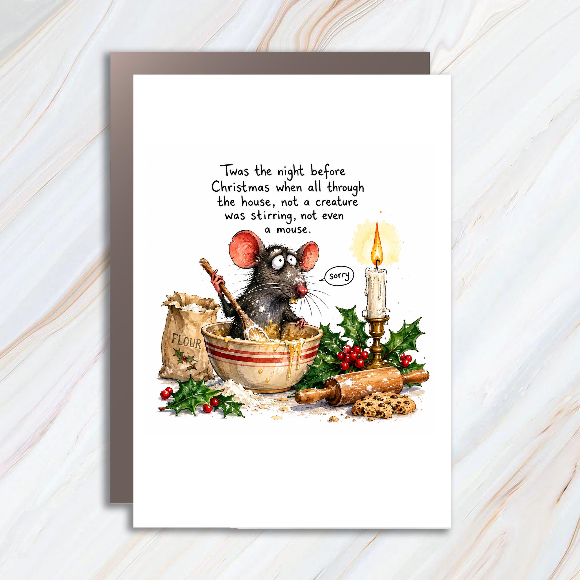 Twas The Night Before Christmas Mouse Baking Christmas Card Funny Holiday Greeting Card Cute Animal Illustration For Friend C1201