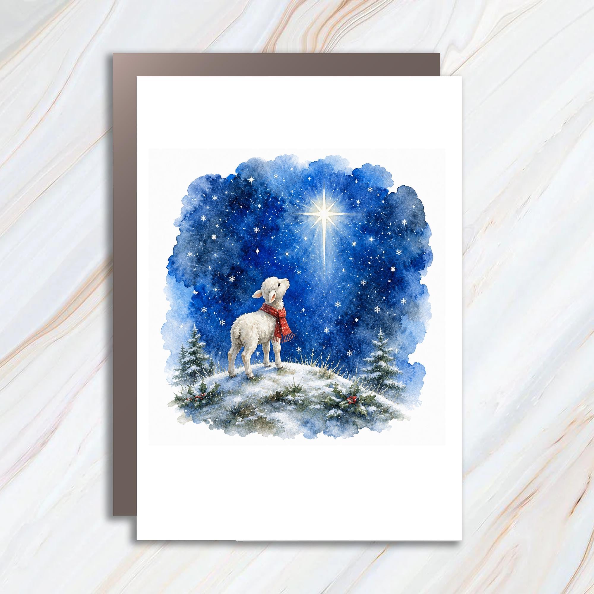 Lamb Under Starry Sky Christmas Card Watercolor Winter Scene Holiday Greeting Card For Animal Lover Cute Festive Card C1199