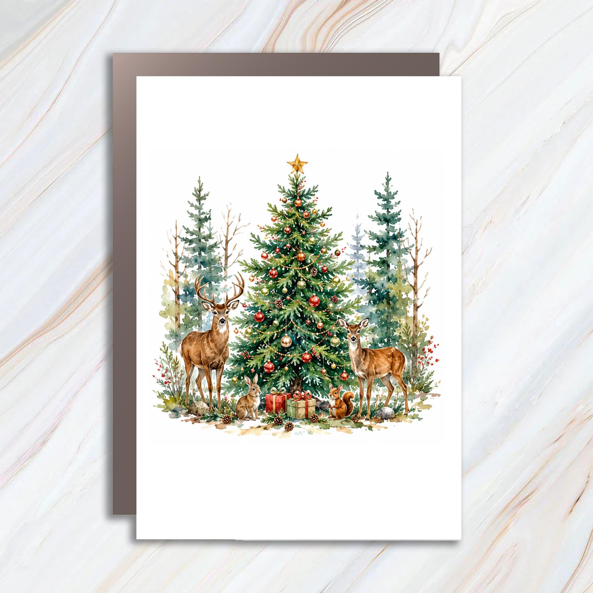 Christmas Tree With Deer Greeting Card Woodland Animals Holiday Card For Nature Lovers Festive Christmas Card Cute Winter Scene C1205