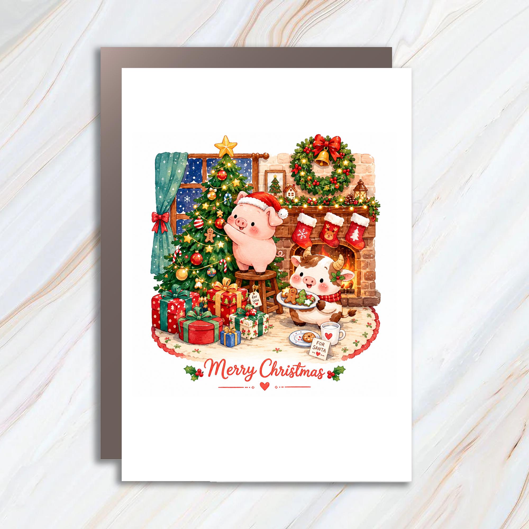 Merry Christmas Cute Pig And Cow Christmas Card Festive Holiday Greeting Card Adorable Animal For Kids Family C1206
