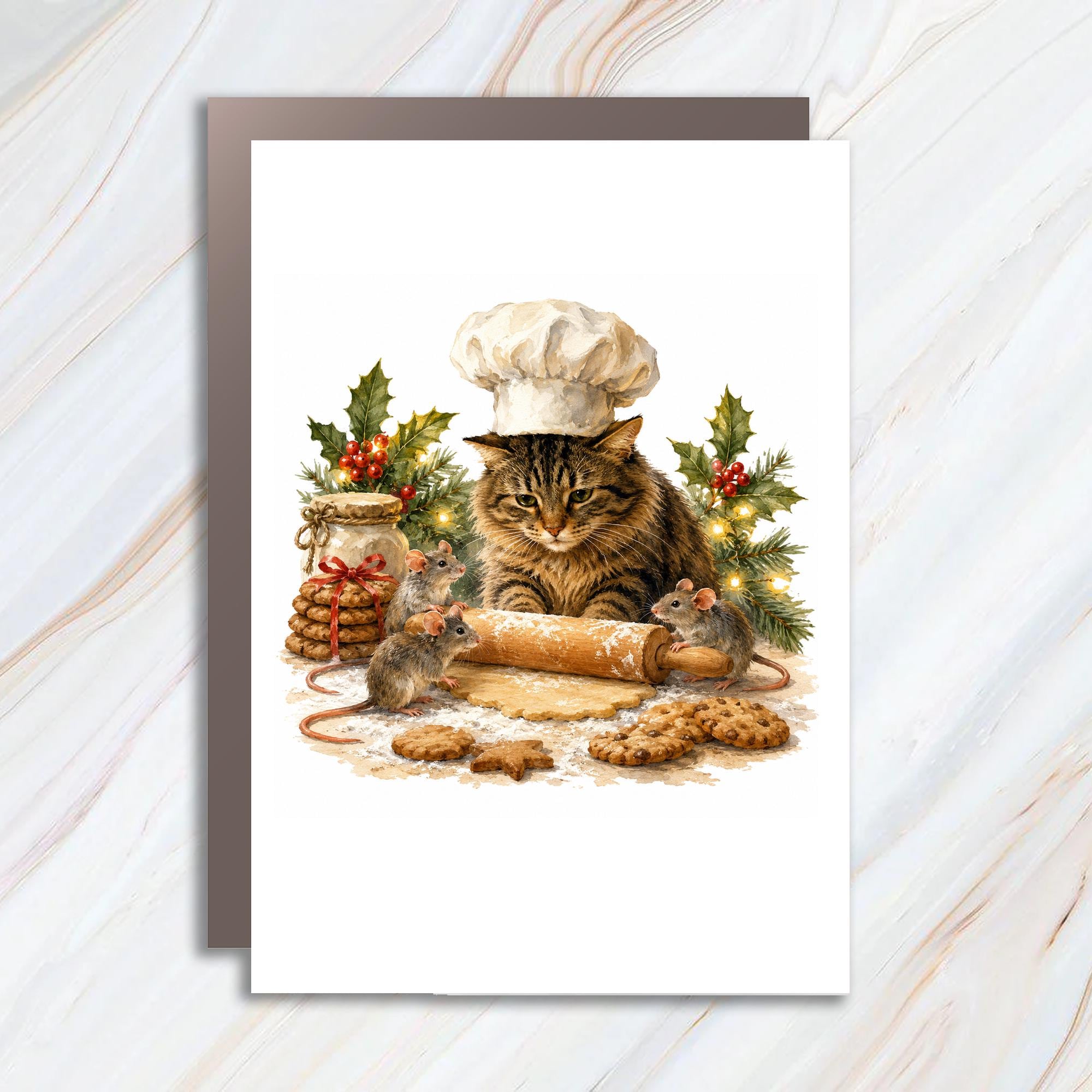 Cat Baking Christmas Card Cute Holiday Greeting Card For Cat Lover Festive Animal Card With Mice And Cookies C1207