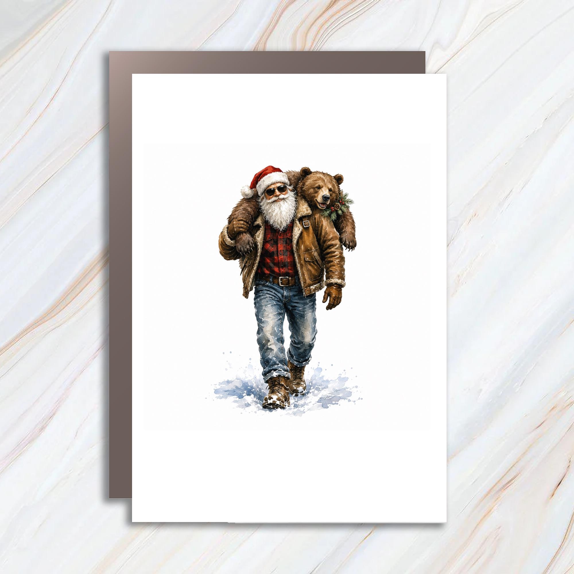 Santa With Bear Christmas Card Rustic Holiday Greeting Card For Him Funny Winter Scene Card Outdoorsman Santa Card C1216
