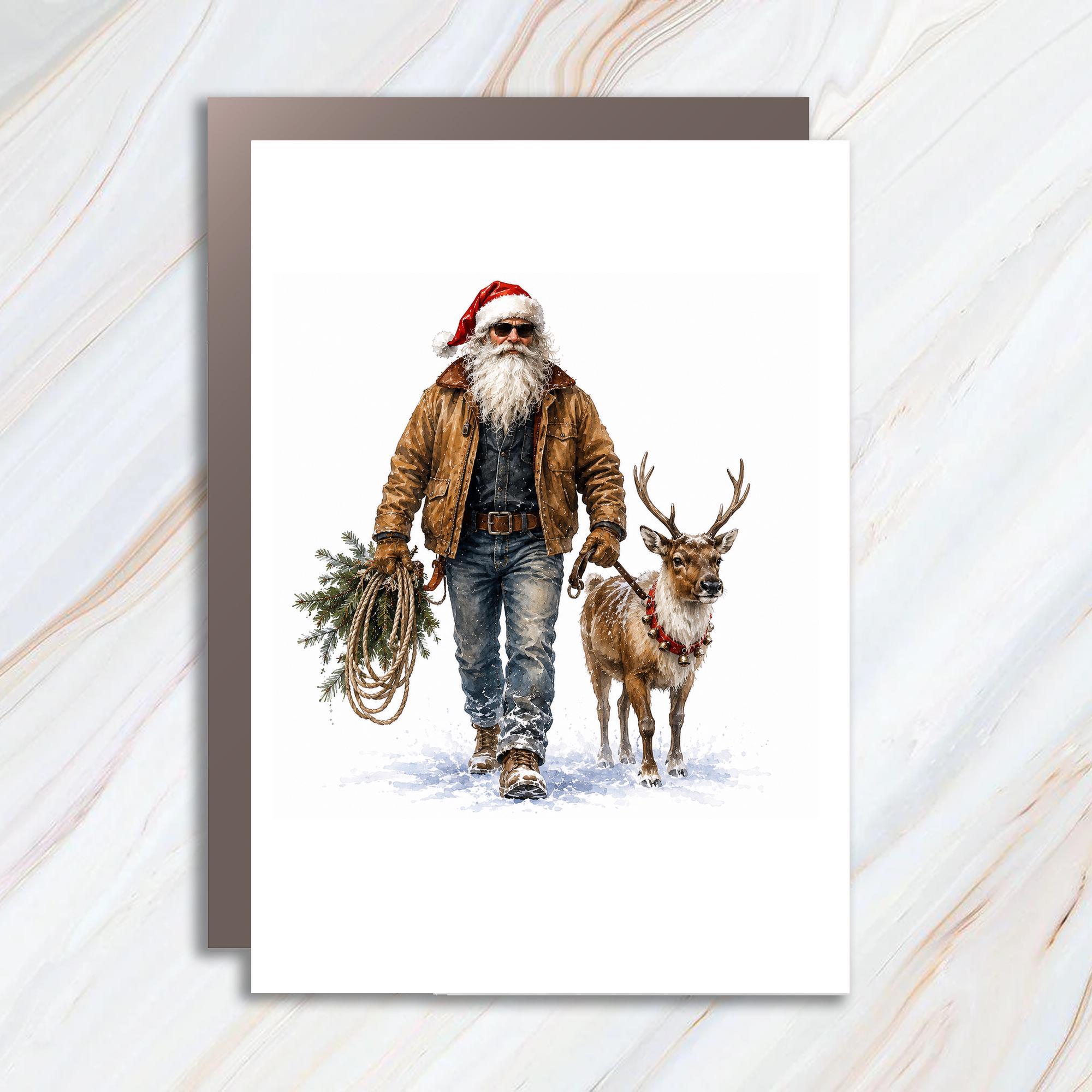 Santa With Reindeer Christmas Card Rustic Holiday Greeting Card For Him Winter Scene Festive Card For Dad Husband C1218