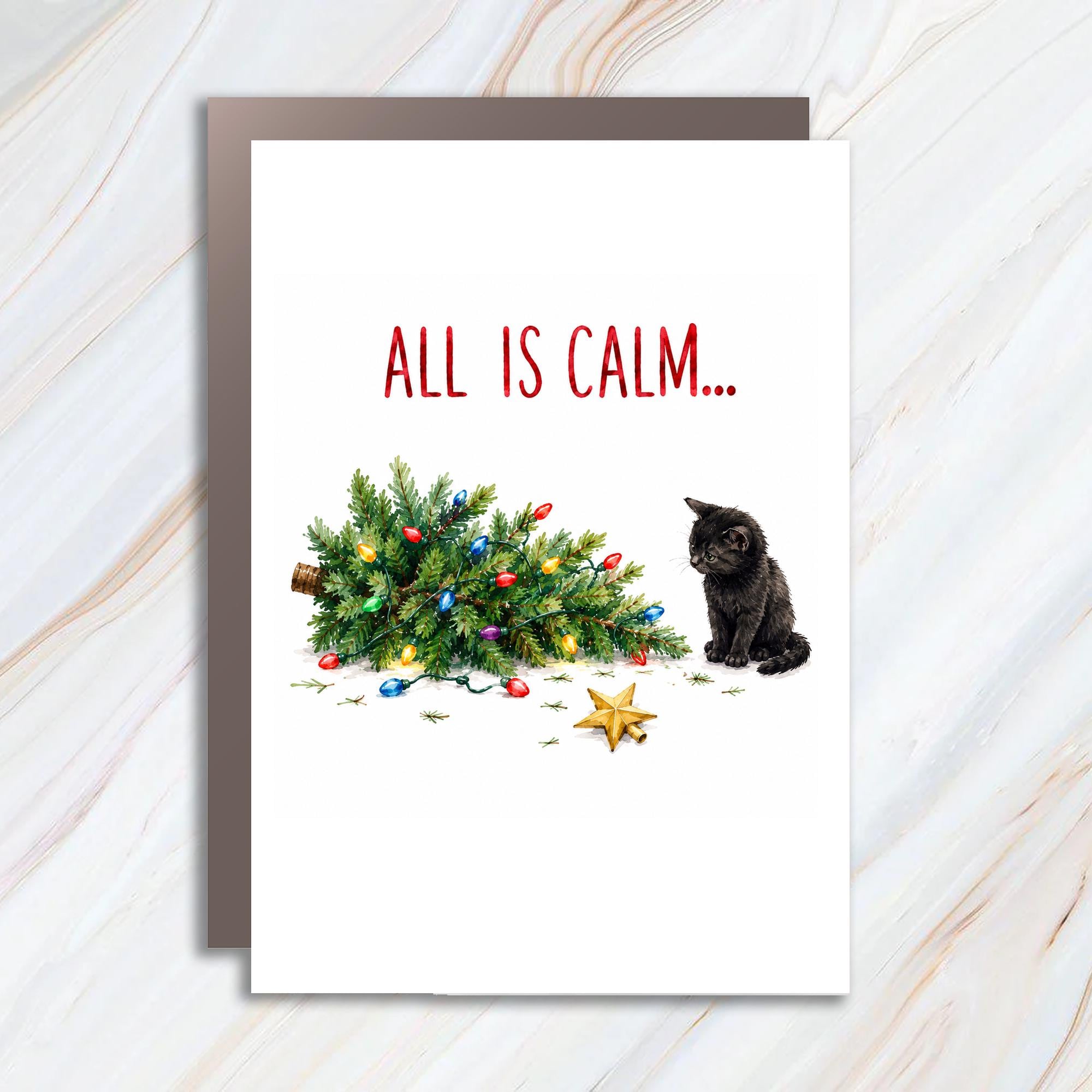 All Is Calm... Christmas Card Cute Kitten With Christmas Tree Holiday Greeting Card For Cat Lover Festive Animal Card C1222