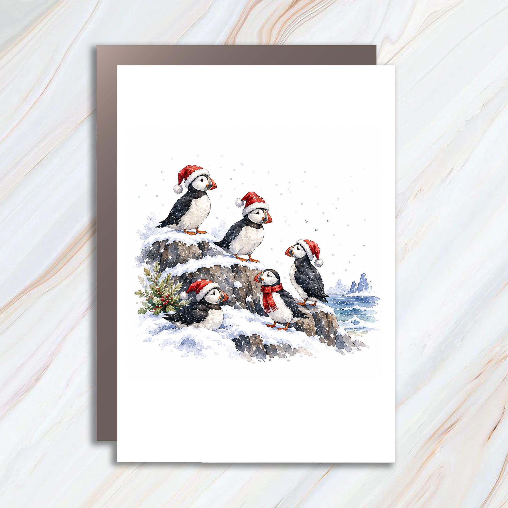 Puffins In Santa Hats Christmas Card Cute Holiday Greeting Card Winter Scene For Bird Lover Festive Animal Card C1223