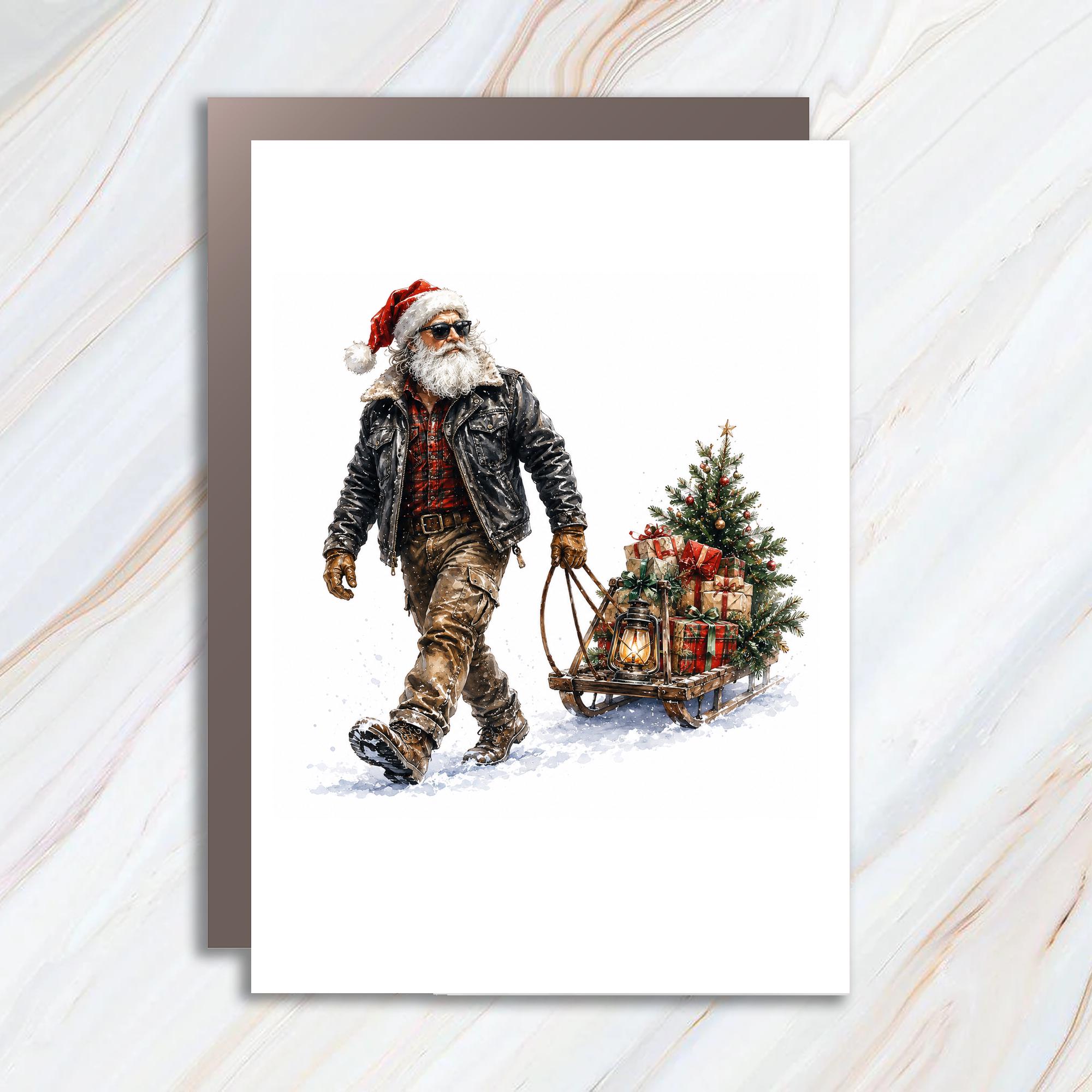 Santa With Sleigh Christmas Card Festive Holiday Greeting Card For Him Winter Scene With Gifts And Tree C1225