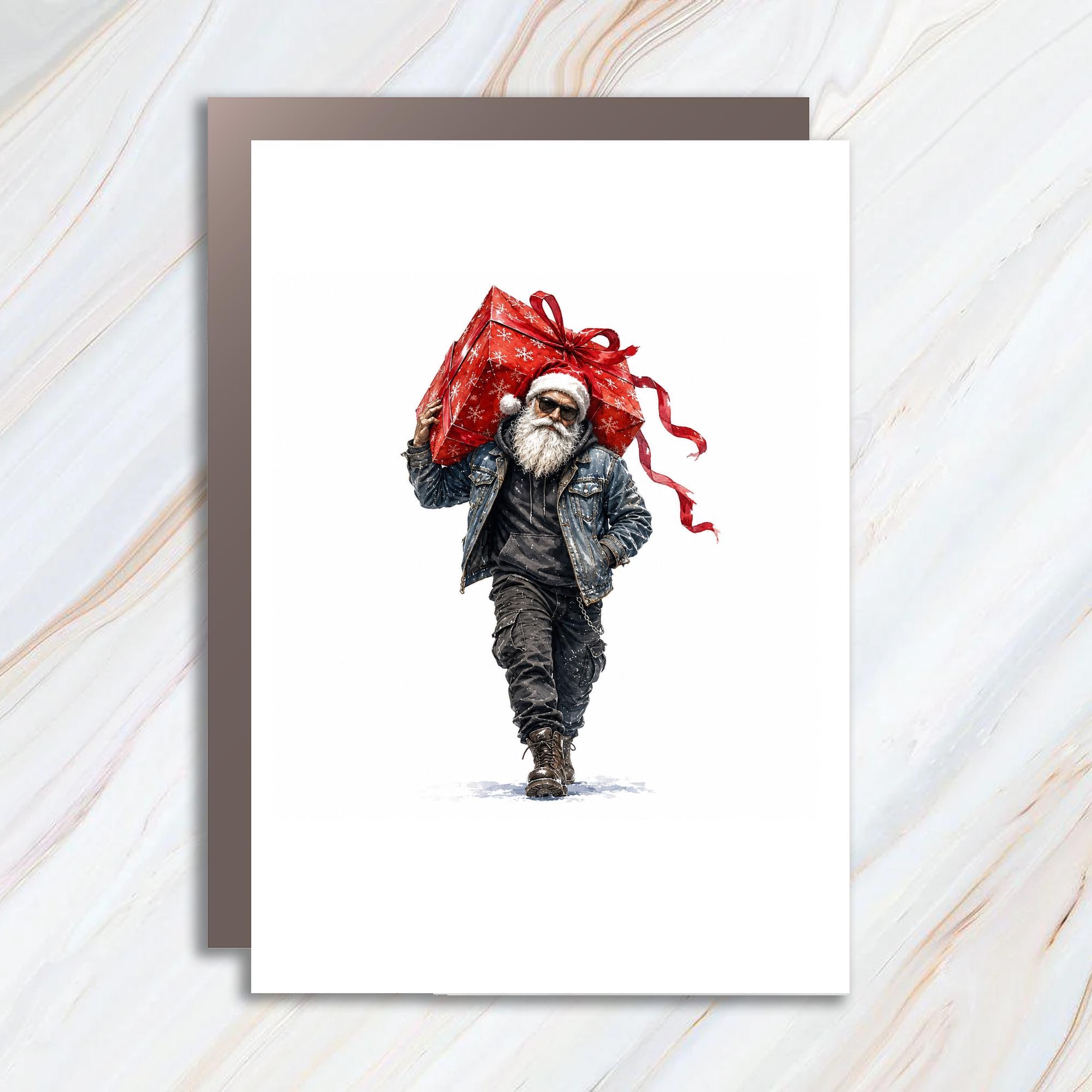 Cool Santa With Gift Christmas Card Funny Holiday Greeting Card For Him Unique Santa Claus Card Festive Holiday Card C1213