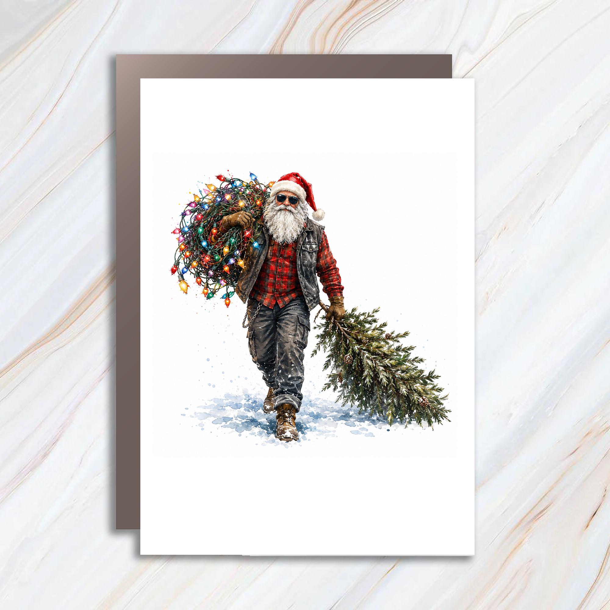 Santa Christmas Card Festive Holiday Greeting Card For Him Funny Santa With Lights And Tree Winter Card For Dad Husband C1215