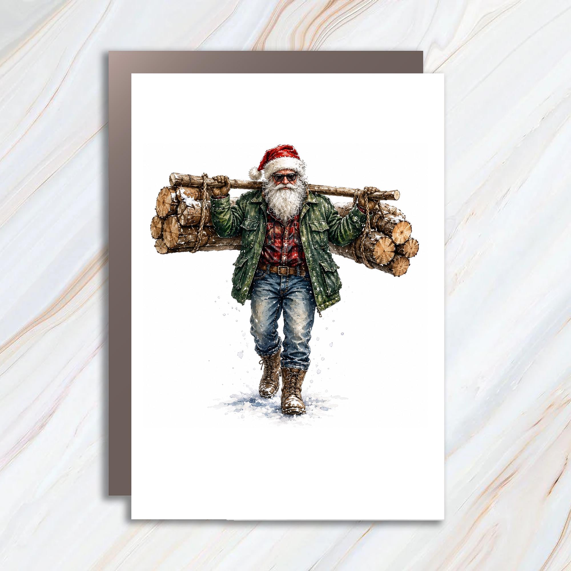 Santa Carrying Logs Christmas Card Rustic Holiday Greeting Card For Him Winter Woodland Santa Claus Card Festive Seasonal Card C1217