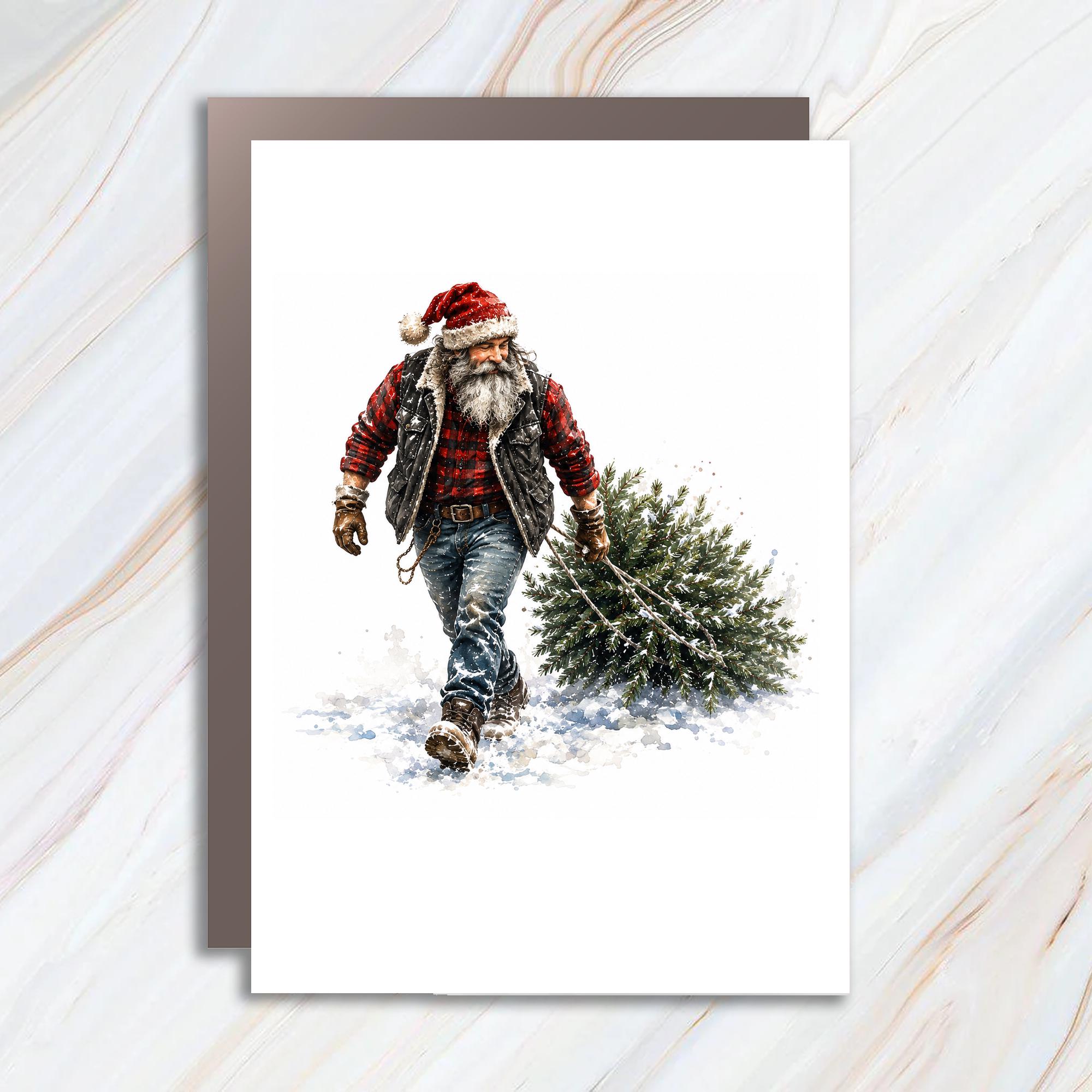Santa Carrying Christmas Tree Card Rustic Holiday Greeting Card For Him Winter Scene Christmas Card For Dad Husband C1221
