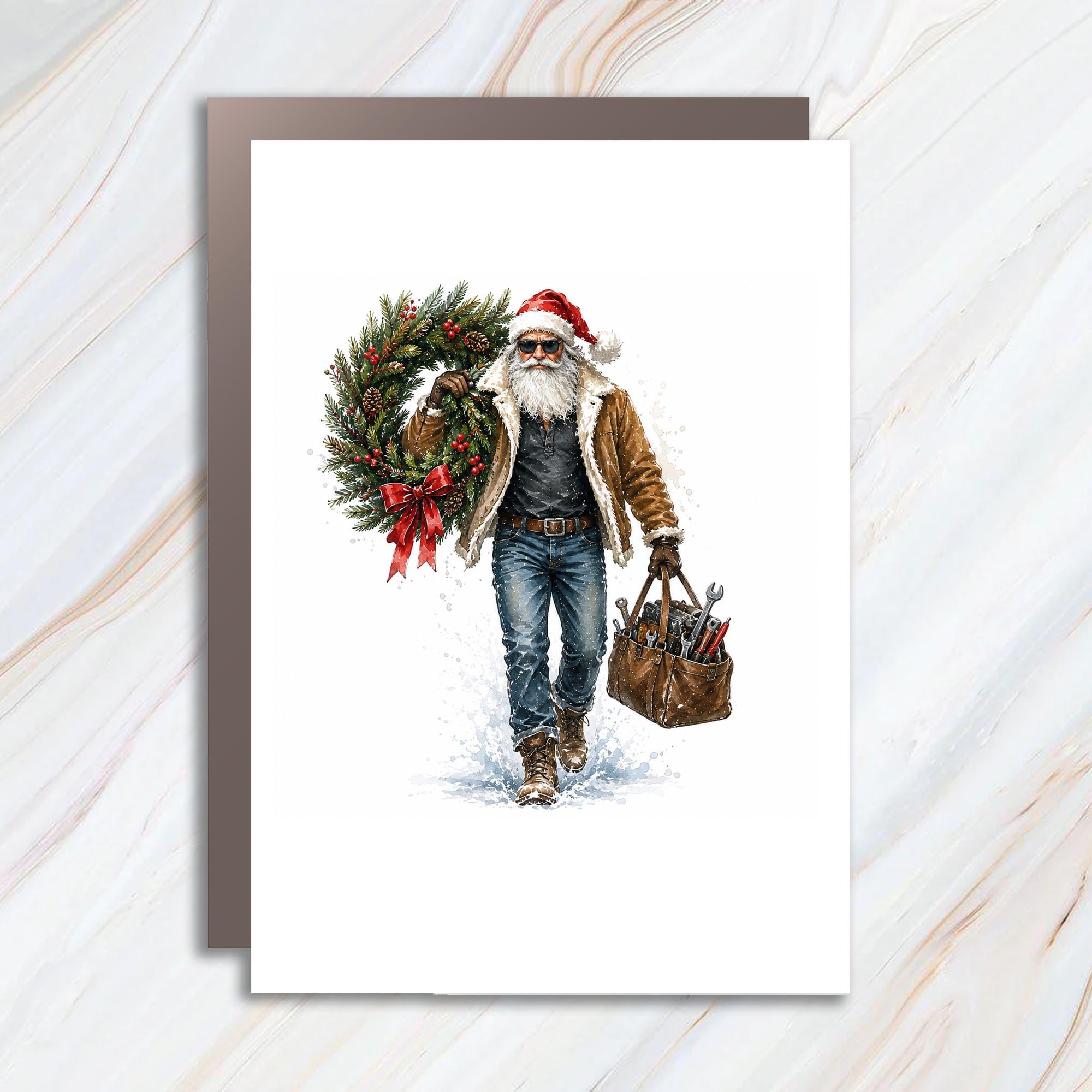 Santa With Wreath And Tools Christmas Card Festive Holiday Greeting Card For Him Rustic Winter Santa Lover C1224