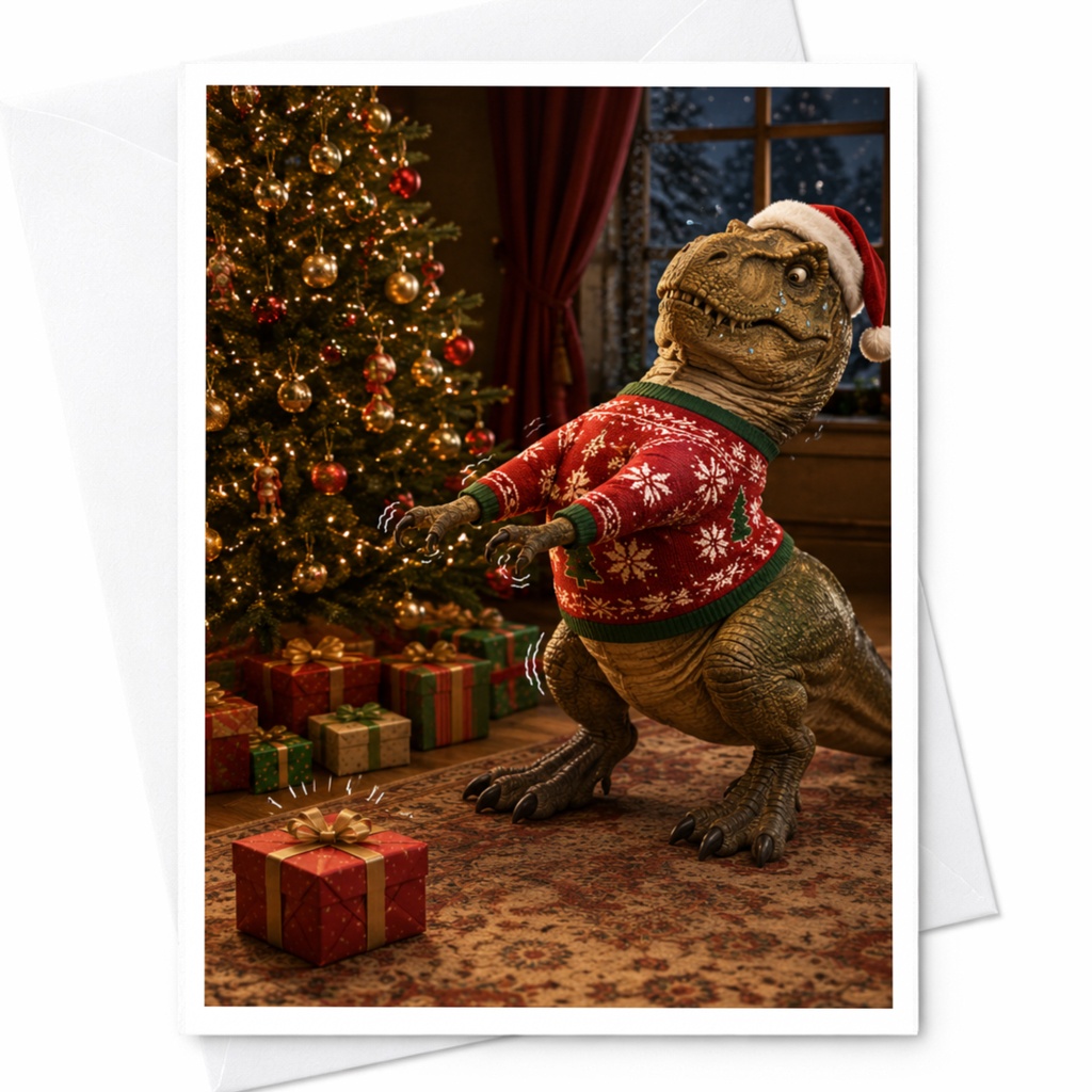 Dinosaur In Christmas Sweater Card Funny Holiday Greeting Card Cute T-Rex Christmas Card For Kids Family Festive Dinosaur Card C5487
