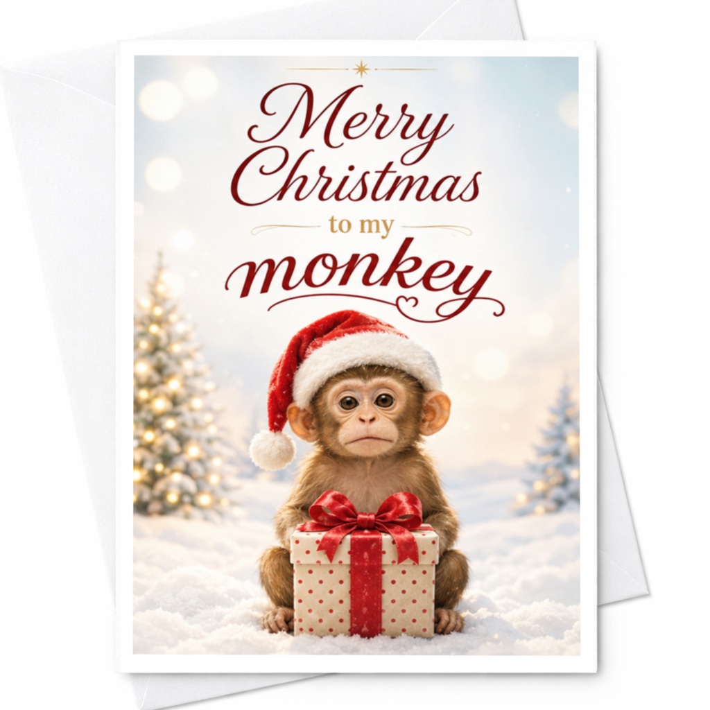 Merry Christmas To My Monkey Cute Christmas Card Monkey With Santa Hat Gift Funny Holiday Card For Him Her Animal Lover C5490