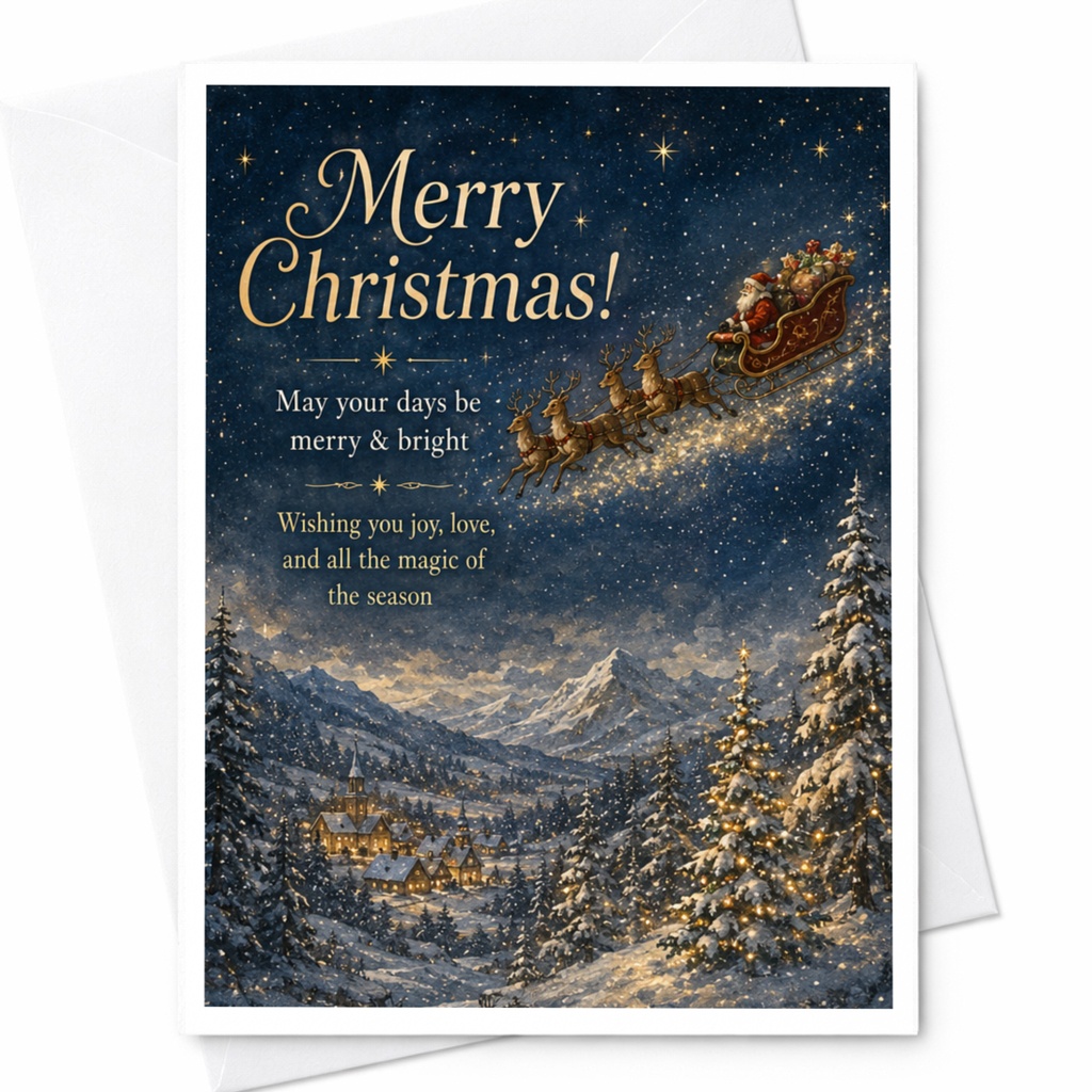 Merry Christmas! Festive Holiday Card Santa Sleigh Winter Scene Christmas Card For Family Friends Couples Seasonal Wishes C5493