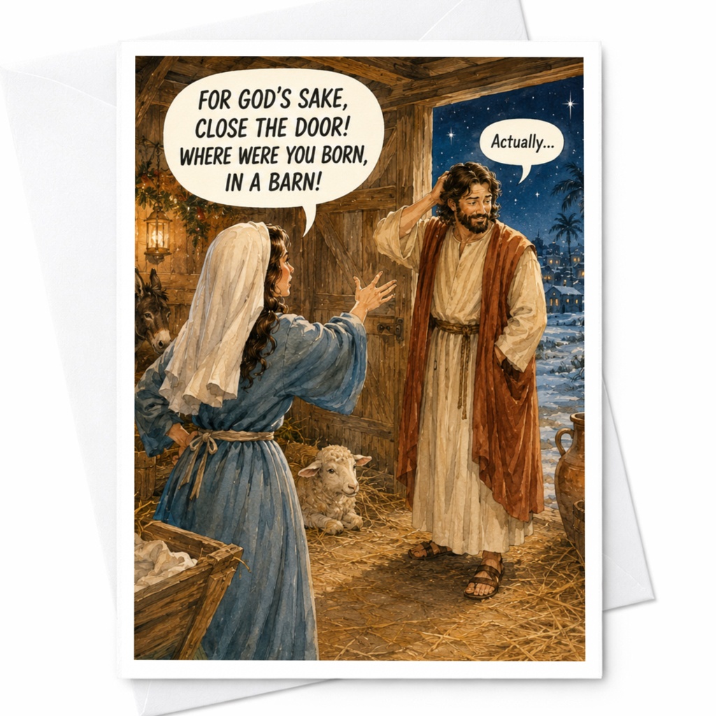 For God's Sake, Close The Door! Where Were You Born, In A Barn? Actually... Funny Christmas Card Nativity Scene Holiday Gree C5501
