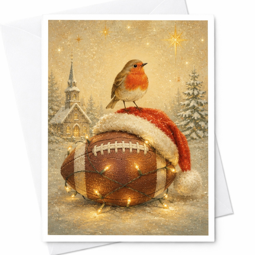 Robin On Football Christmas Greeting Card Festive Holiday Card With Santa Hat And Lights Winter Scene For Bird Lovers C5508