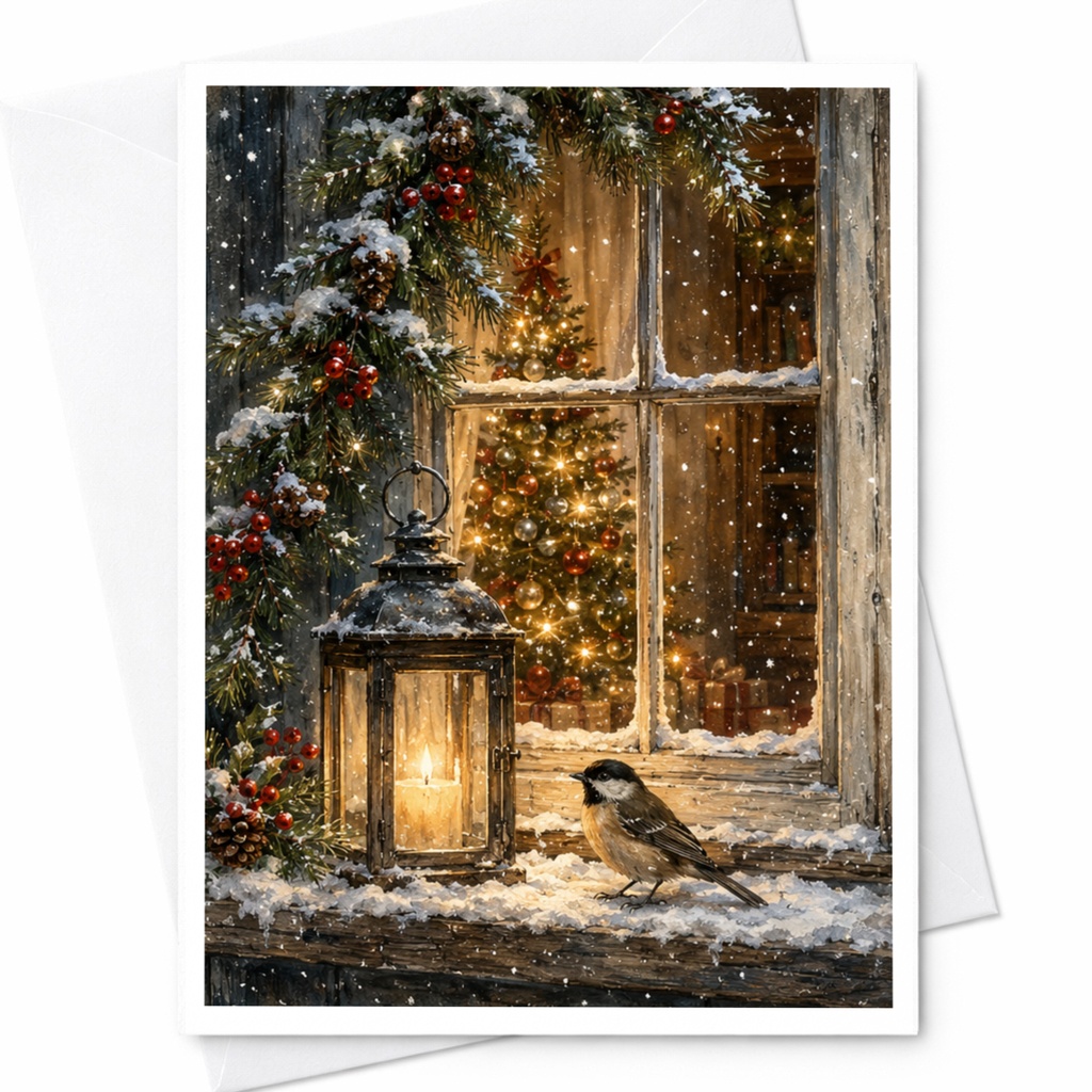 Winter Scene Christmas Greeting Card Cozy Lantern Bird Holiday Card For Nature Lover Snowy Window Festive Season Card C5514