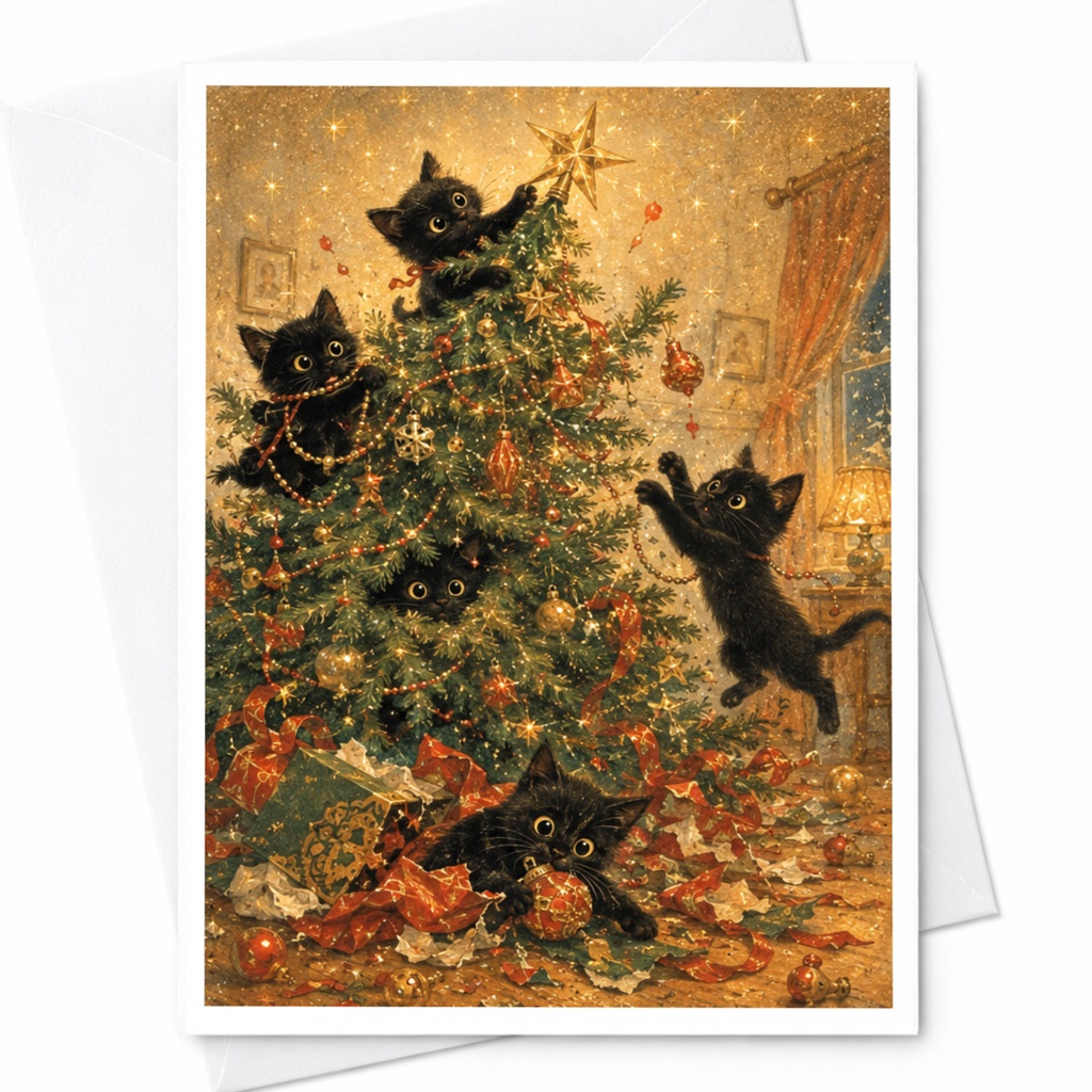Playful Black Kittens Christmas Card Cute Cat Holiday Greeting Card For Cat Lover Festive Animal Card Eco-Friendly Paper C5515