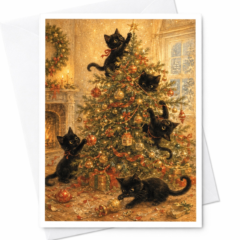 Playful Black Cats Christmas Card Cute Holiday Greeting Card For Cat Lover Festive Tree Adorable Feline Xmas Card C5516
