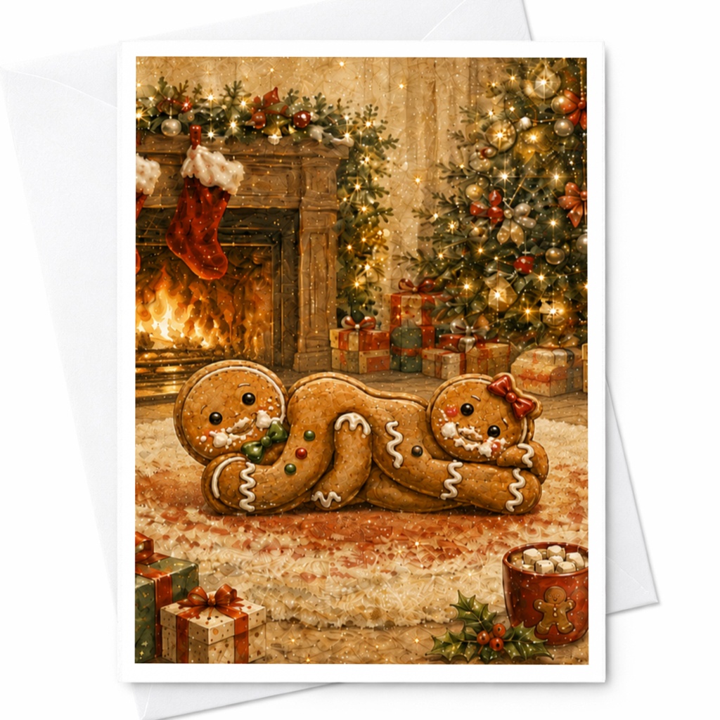 Gingerbread Couple Christmas Card Cozy Holiday Greeting Card Cute Festive Fireplace Scene For Family Friends Seasonal Card C5531