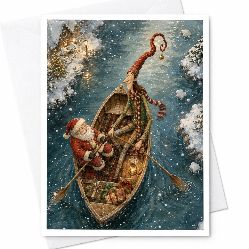 Santa And Elf In Boat Christmas Greeting Card Festive Holiday Card Winter Scene For Friends Family Cute Seasonal Art C5545