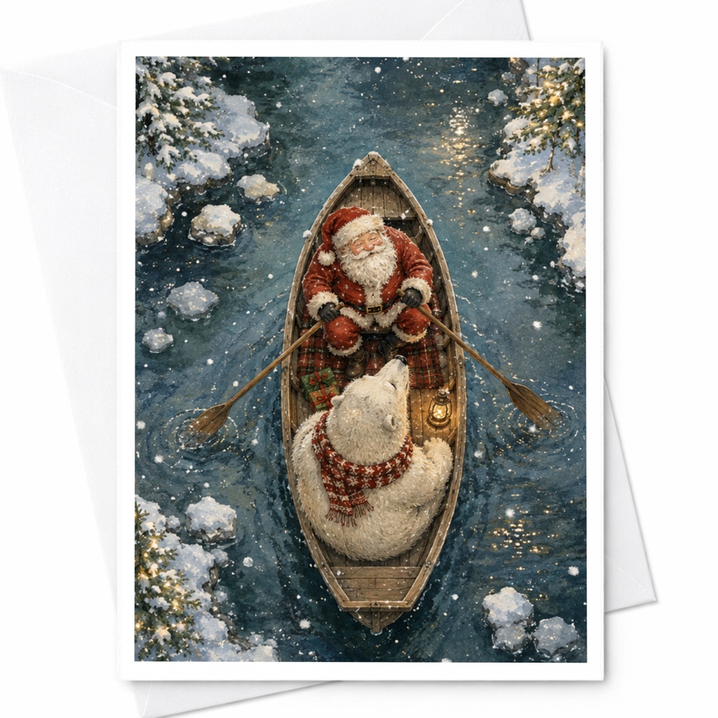 Santa And Polar Bear Christmas Card Cute Holiday Greeting Card Winter Scene For Family Friends Festive Art Card C5546