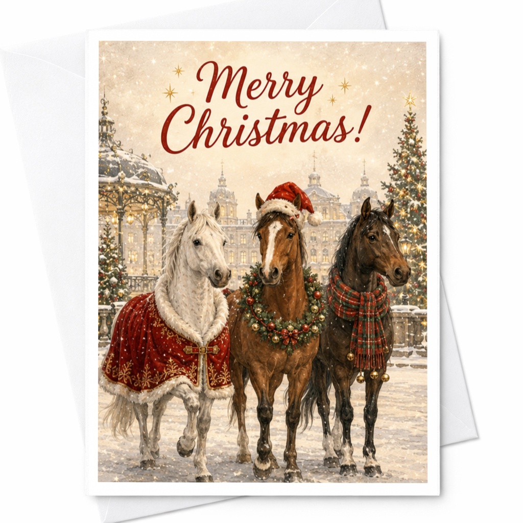 Merry Christmas! Festive Horse Greeting Card Holiday Card For Animal Lovers Cute Winter Scene Christmas Card C5547