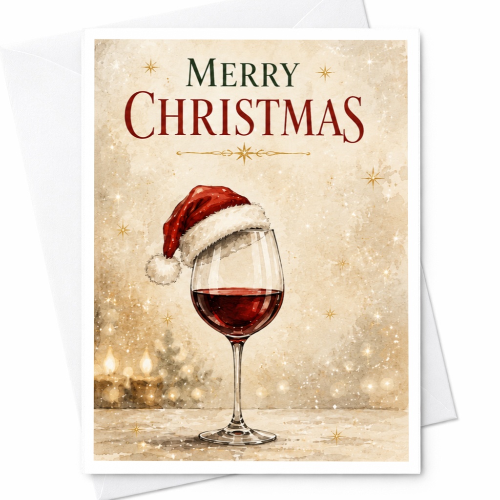 Merry Christmas Wine Glass Greeting Card Holiday Cheers Festive Santa Hat For Wine Lovers Seasonal Celebration C5549