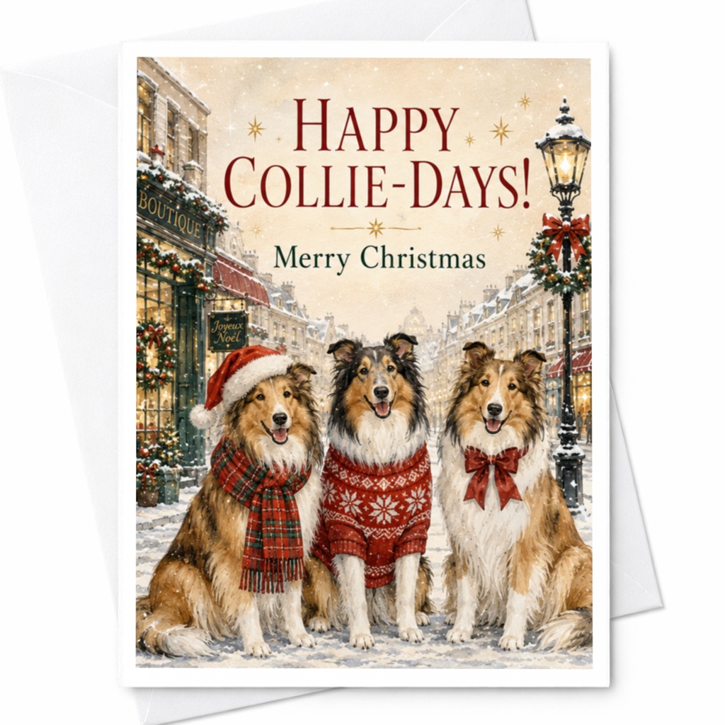 Happy Collie-Days! Merry Christmas Card Funny Dog Holiday Greeting Card For Family Friends Animal Lovers Cute Collie Card C5565