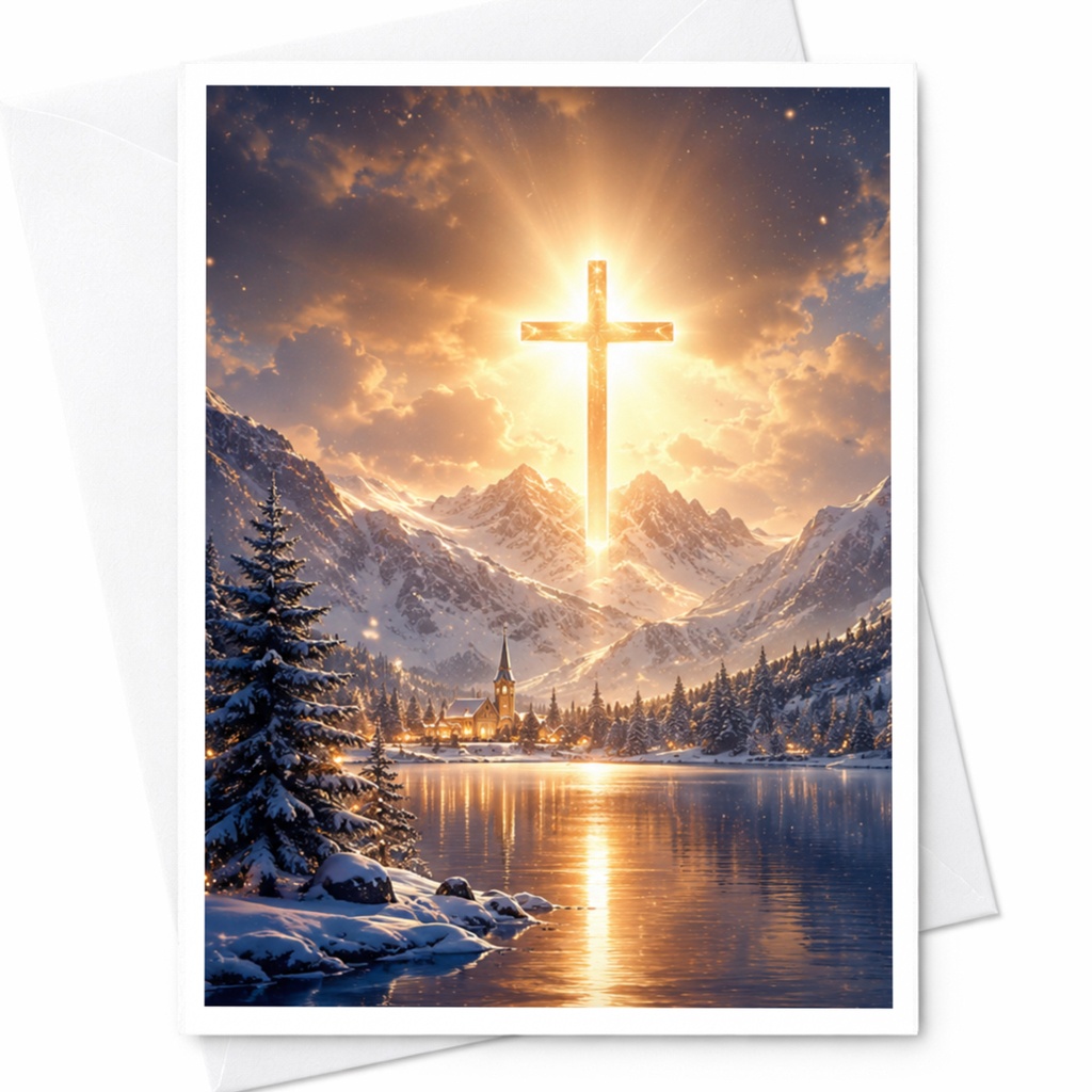 Sunlit Cross Over Winter Landscape Christmas Card Religious Holiday Greeting Card For Church Community Spiritual C5569