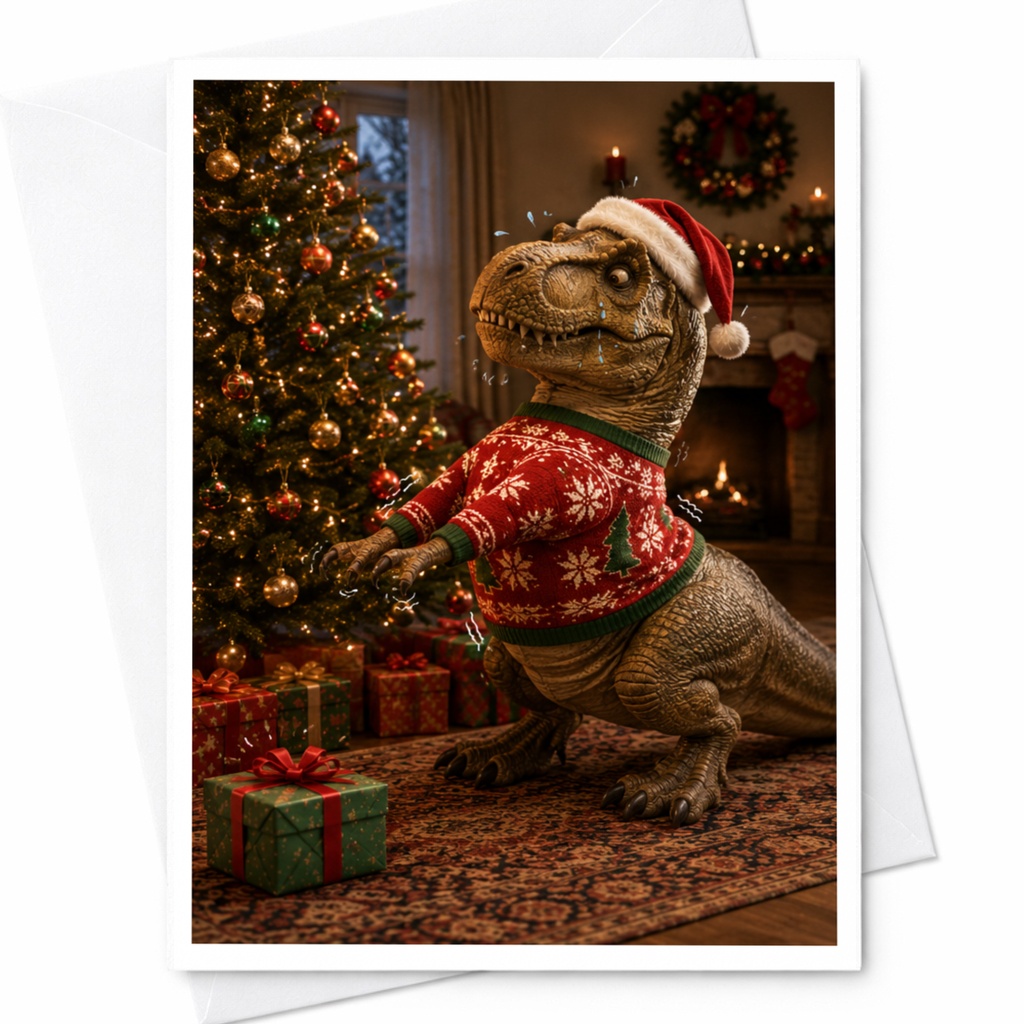Dinosaur Christmas Card Funny Holiday Greeting Card T-Rex In Festive Sweater Cute Xmas Card For Kids Family Friends C5488