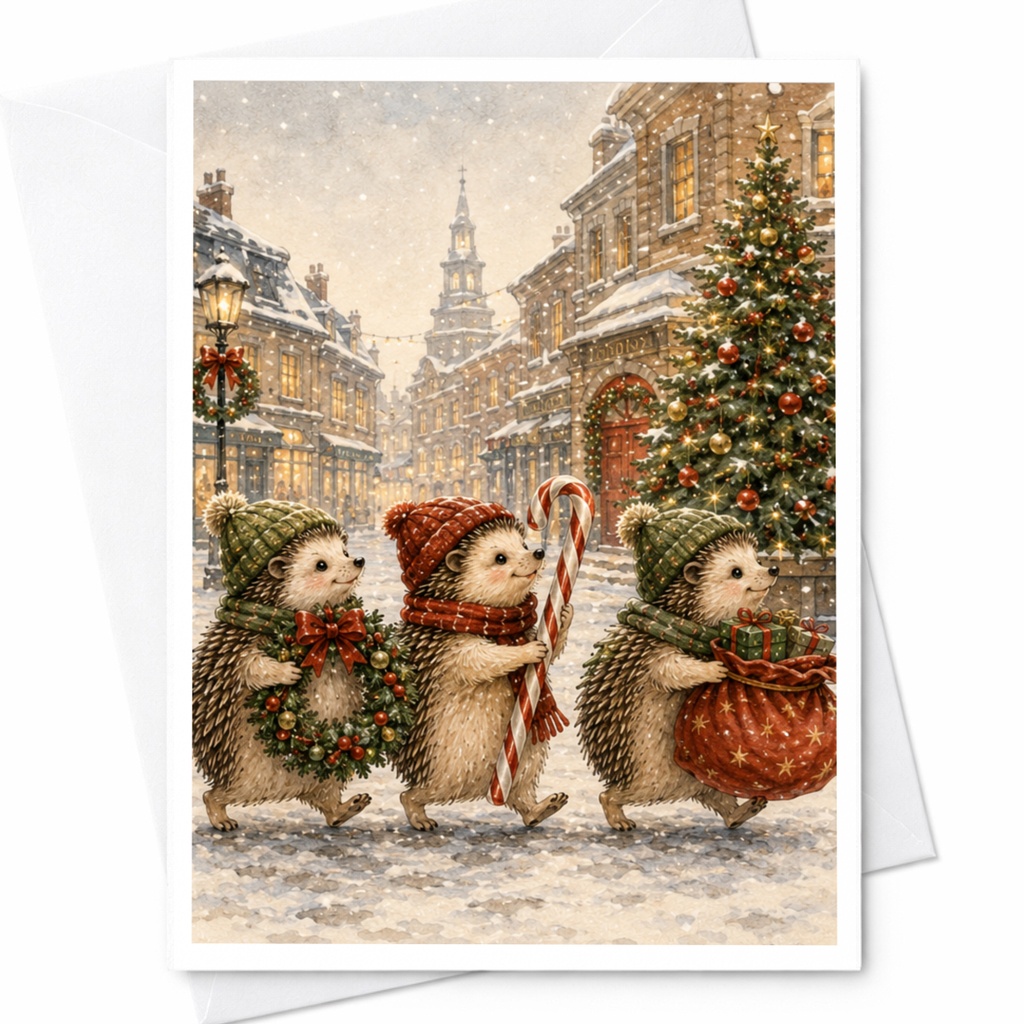 Cute Hedgehog Christmas Card Holiday Greeting Card For Animal Lovers Festive Winter Scene With Wreath Candy Cane Gifts C5574