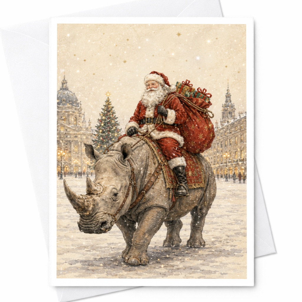 Santa Riding Rhinoceros Christmas Card Whimsical Holiday Greeting Card Festive Animal Illustration For Kids Family C5491