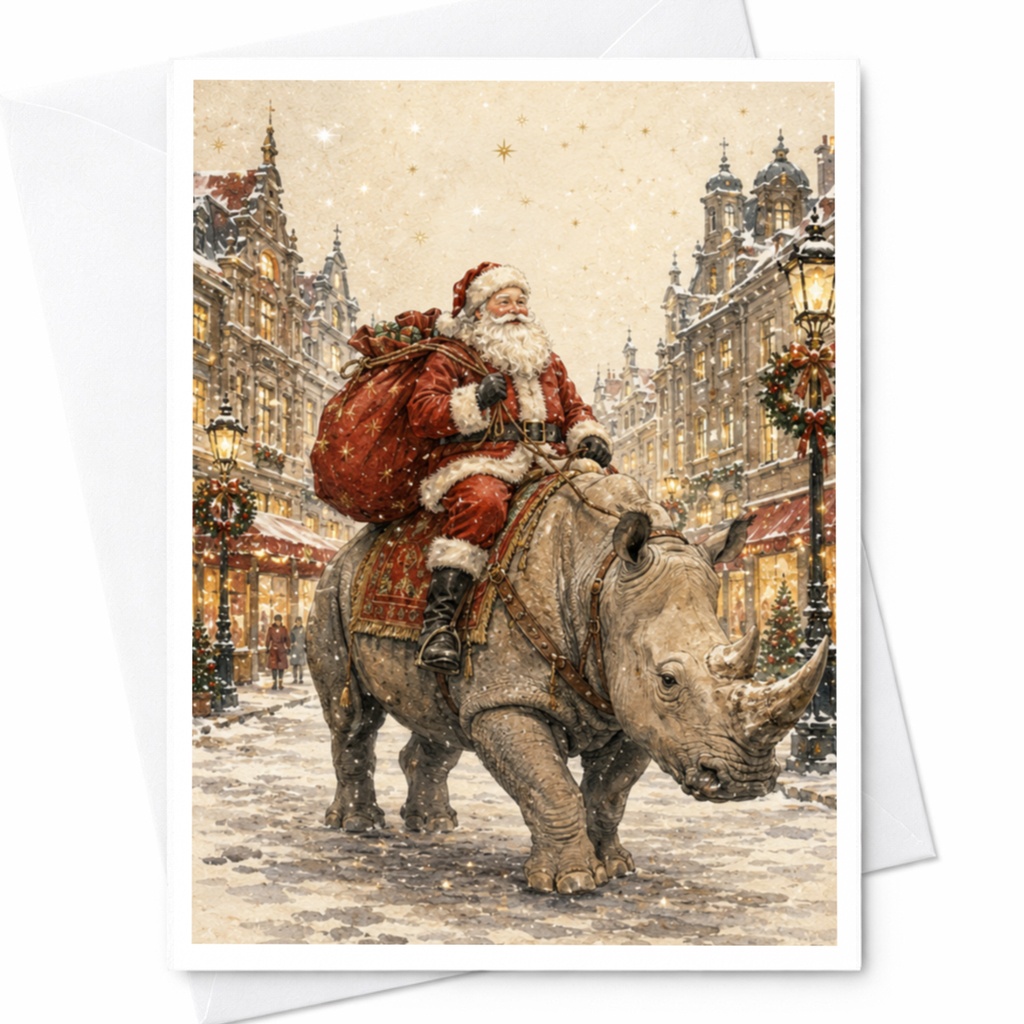 Santa Riding Rhinoceros Christmas Card Whimsical Holiday Greeting Card Festive Santa Illustration For Kids Family Fun C5492