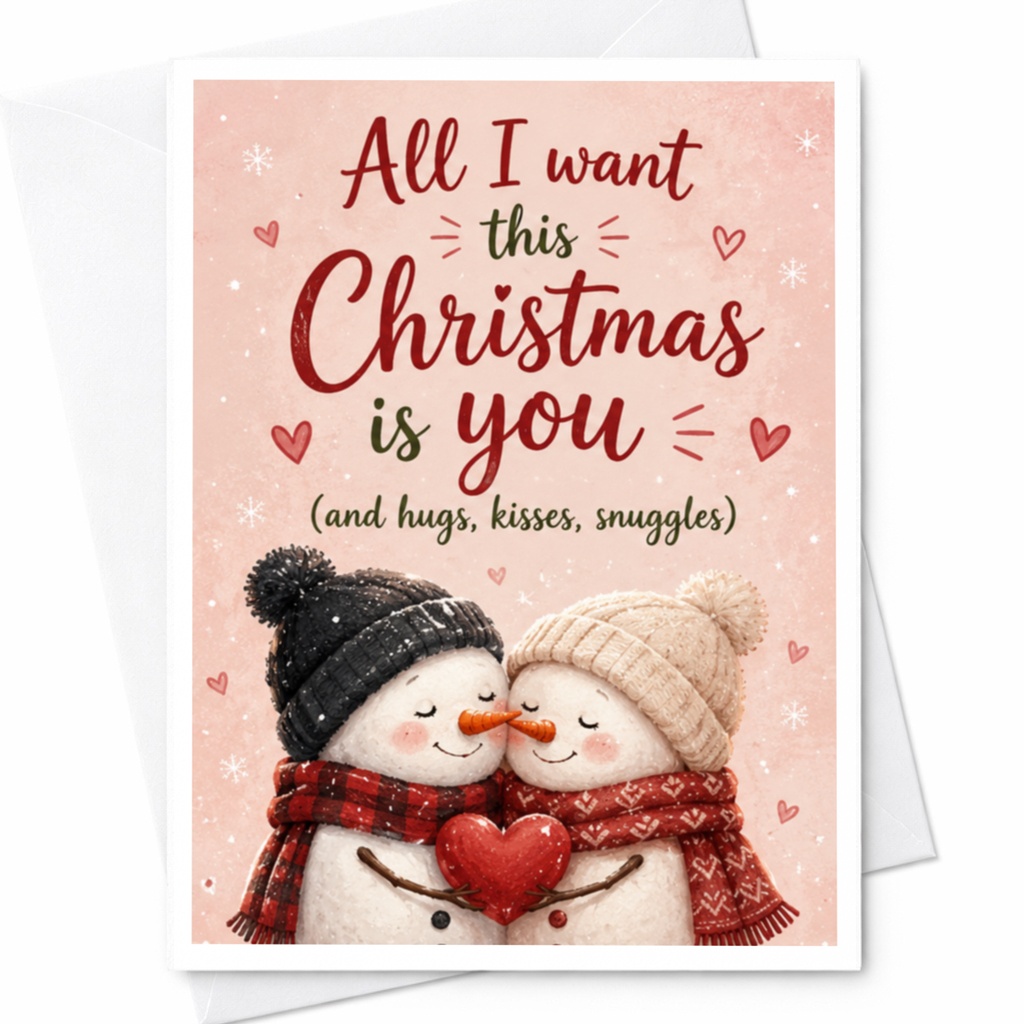 All I Want This Christmas Is You Romantic Christmas Card Snowman Couple Love Hugs Kisses Snuggles Holiday Card For Partner C5578