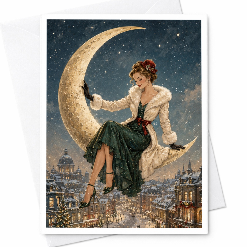 Vintage Christmas Card Woman On Crescent Moon Holiday Greeting Card For Her Elegant Winter Scene Festive Art Card C5497