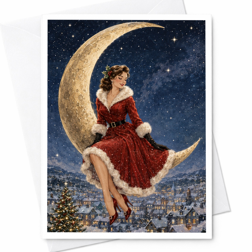 Vintage Christmas Greeting Card Woman In Red Dress On Crescent Moon Holiday Card Festive Winter Scene For Her C5498