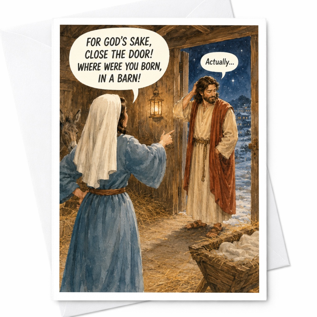 For God's Sake, Close The Door! Where Were You Born, In A Barn? Actually... Funny Christmas Card Nativity Scene Holiday G C5502