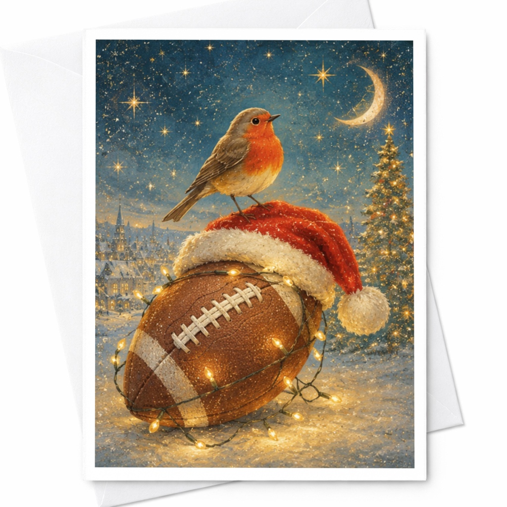 Robin On Santa Hat And Football Christmas Greeting Card Festive Holiday Card Winter Scene For Bird Lover Cute Seasonal Card C5507