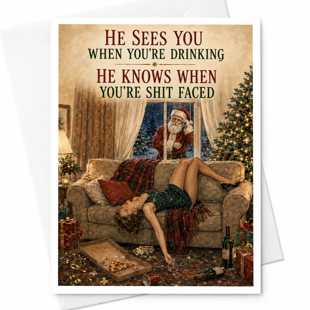 He Sees You When You're Drinking He Knows When You're Shit Faced Funny Christmas Card Santa Holiday Greeting Card C5511