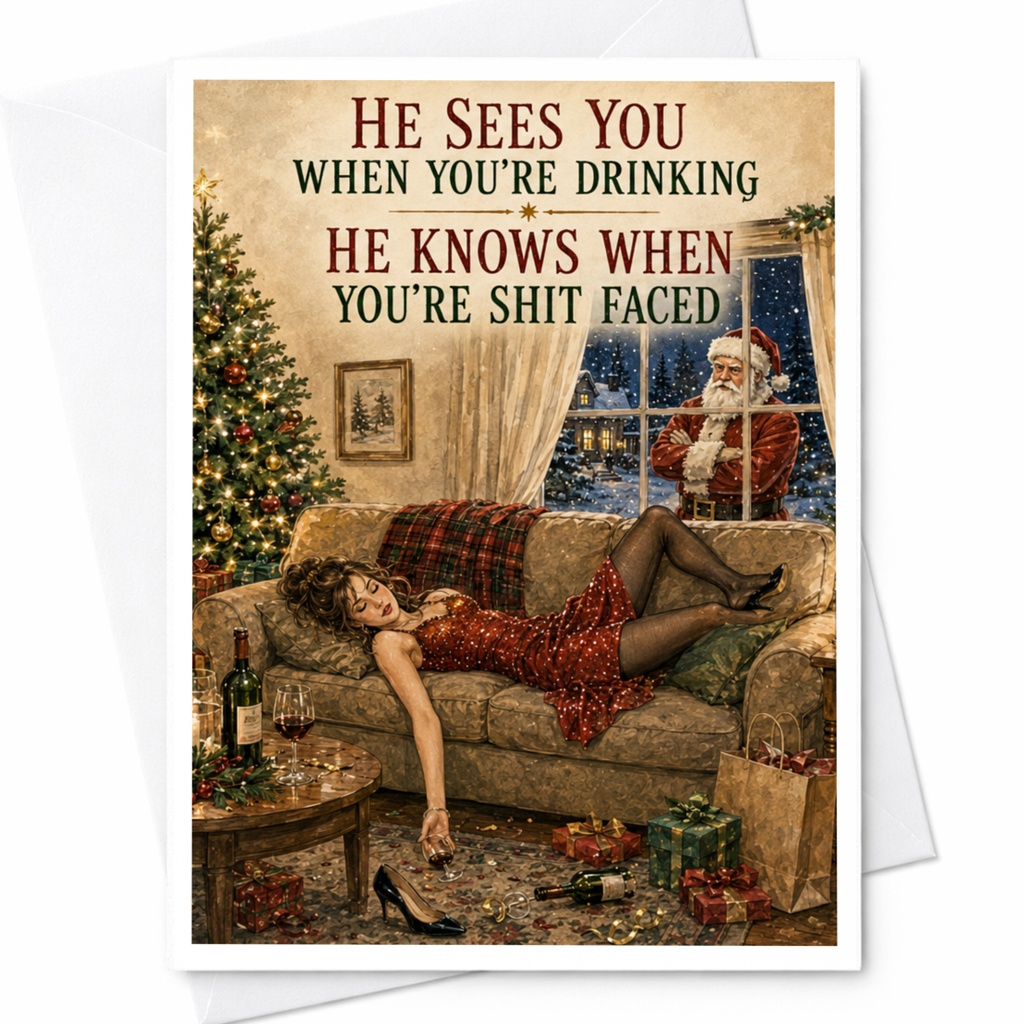 He Sees You When You're Drinking Funny Christmas Card Santa Holiday Greeting Card For Friends Adult Xmas Card C5512