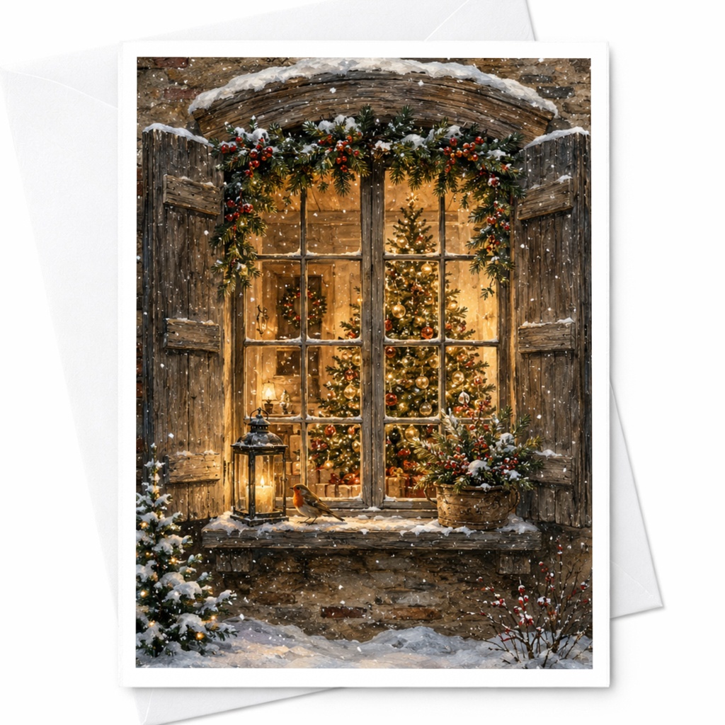 Christmas Window Scene Greeting Card Cozy Holiday Card Winter Lantern Snowy Tree Festive Season Card For Friend Family C5513