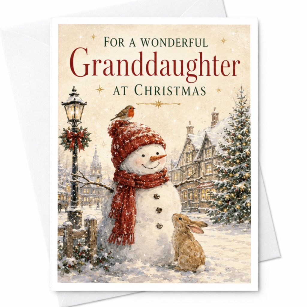 For A Wonderful Granddaughter At Christmas Snowman Card Christmas Card For Granddaughter Cute Holiday Card Winter Scene C5520