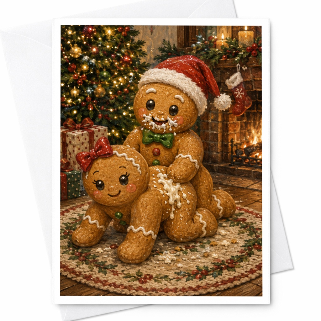 Gingerbread Couple Christmas Greeting Card Cute Holiday Card For Friends Family Festive Fireplace Scene Xmas Card C5523